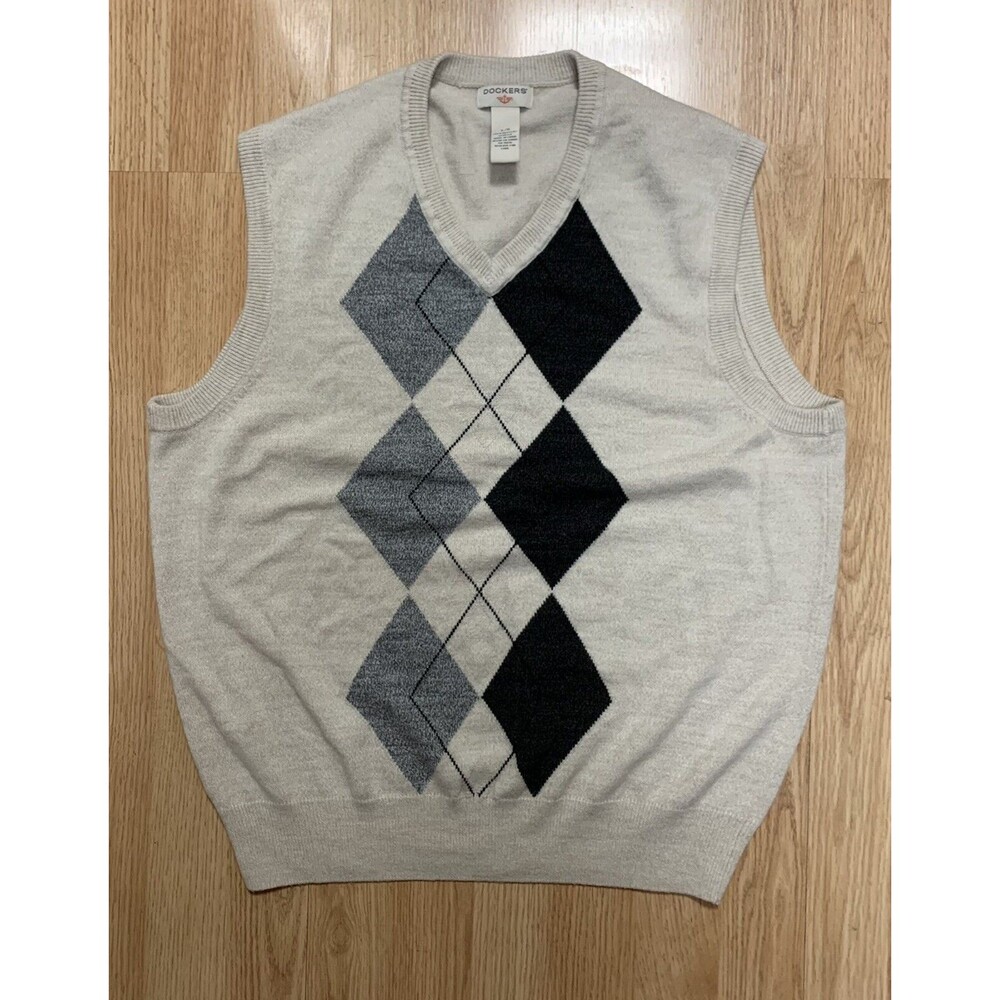 Dockers Acrylic Sweater Vest Size Large Argyle Pattern Oatmeal Color Grandpacore